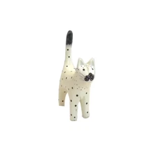 Vintage Black Off White Polka Dot Paper Mache Kitty Cat Ornament Figurine - Picture 1 of 12