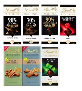 Lindt 50g & 100g Excellence Raspberry Intense, Cocoa & Classic Vegan Bars - Picture 1 of 9