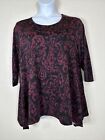 Faded Glory Womens Plus Size 2X Maroon Floral Stretch Scoop Top 3/4 Sleeve