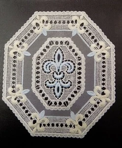 INSERTO PIZZO MACRAME' CON TULLE ECRU' E AZZURRO DECORAZIONE TENDA INTAGLIO - Picture 1 of 1