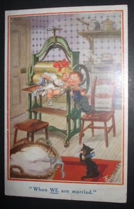 Alter Comic WENN WIR VERHEIRATET SIND WÄSCHE MANGEL SCHWARZE KATZE KÄTZCHEN UHREN PAAR - Bild 1 von 2