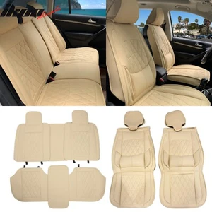 Universal Beige PU Leather Car Seat Covers w/ Lumbar 04B Style 5-Seat Full Set - Picture 1 of 20