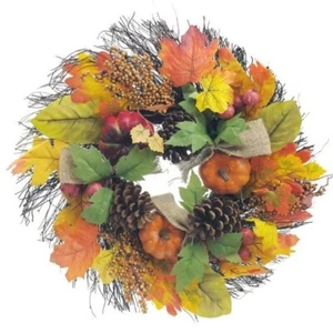 18" (46cm) Autumn Leaf Wreath with Pumpkins & Cones - Picture 1 of 7