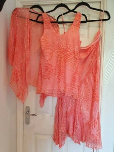 CHESCA 16+ plus - SILK MIX - Coral Peach Shaded 3 piece Jacket Skirt & Camisole  - Picture 1 of 3