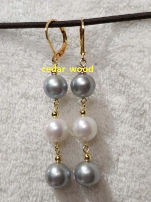 natural AAA 10-9 mm South Sea gray white Pearl Earrings 14K YELLOW GOLD - Image 1 of 4