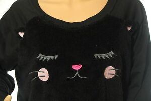 Jenni by Jennifer Moore Women's Fuzzy Cat embroidery Black Pajama Top Size L 