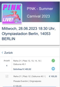 4 super Tickets für das PINK Konzert am 28.06.23 in Berlin Ostkurve 40.1 - Bild 1 von 2