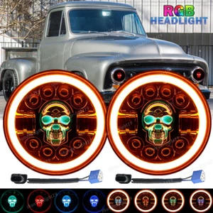 For Ford F1 1948-1952 RGB 7" Inch Round LED Headlights Halo Angel Eyes DRL Pair - Picture 1 of 12