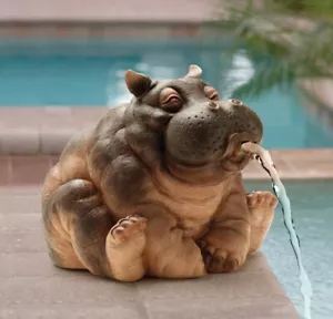 Cute Hippo Spitter Fountain Sculptural Piped Statue Garden Pond Water Feature - Picture 1 of 6