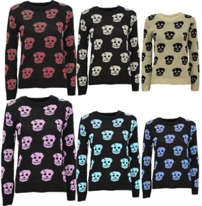 Mujer Calavera Estampado Tejido Jersey Damas Manga Larga Halloween Fiesta Top - Imagen 1 de 7