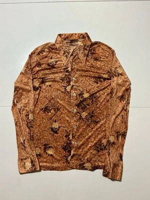 Camisa Botón Discoteca Vintage Años 70 Dude By Cambridge Rosa Flor Bambú Poliéster  Foto 1 de 4