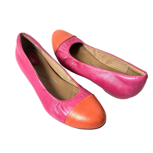 Scarpe basse Clarks artigianali donna 10 M rosa arancione pelle comode casual slip on