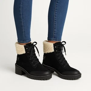 Franco Sarto Black Suede Shearling zip Ankle Boots Lug Sole Chunky Heel 7,5 new - Picture 1 of 8