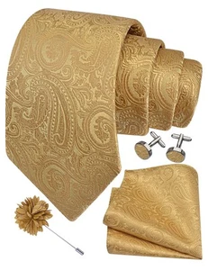 Mens Gold Tie for Wedding Solid Silk Paisley Yellow Necktie Pocket Square Cuf... - Picture 1 of 6