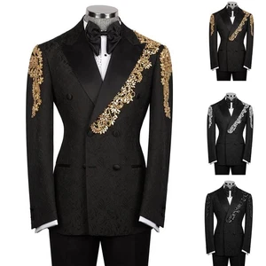 Moda Show Hombres Traje Calce Ajustado Estrás Doble Pecho Baile de graduación Esmoquin Ropa de graduación - Imagen 1 de 38