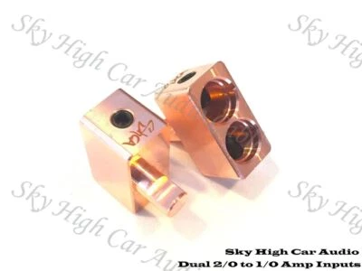 Pair COPPER Sky High DUAL 2/0 Gauge to 1/0 Gauge Amp Input Reducers Inputs  - Image 1 of 3