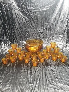 Vintage Tiara Indiana Glass Amber Sandwich Pattern Punch Bowl and 24 Cups Silver - Picture 1 of 12