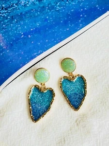 Gradient Blue Heart Love Mermaid Enamel Drop Pierced Earrings Gold Women Her - Picture 1 of 5