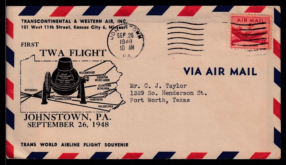 1948 First Flight CAM-34 34E71 TWA airmail Johnstown PA - Pittsburgh PA - Image 1 of 1