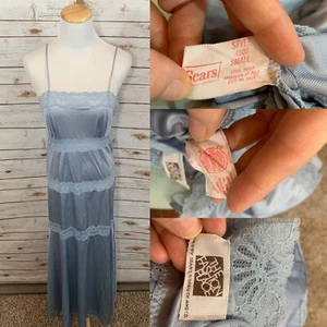 Camicia da notte vintage anni 60 SEARS piccola nylon pizzo a strati lingerie blu grigio - Foto 1 di 9