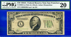 1934A $10 Federal Reserve Note PMG 20 rare 3 known San Francisco mule Fr 2006-Lm - Picture 1 of 4