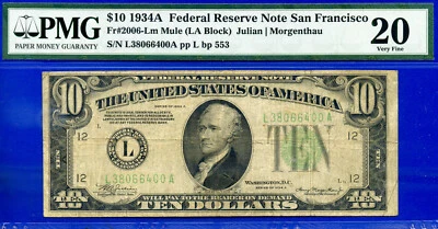 1934A $10 Federal Reserve Note PMG 20 rare 3 known San Francisco mule Fr 2006-Lm - Image 1 of 4