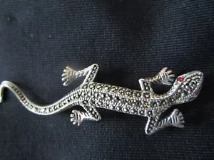 Vintage Lizard Brooch in 925 Sterling Silver & Rhinestone, Red Eyes - Picture 1 of 3