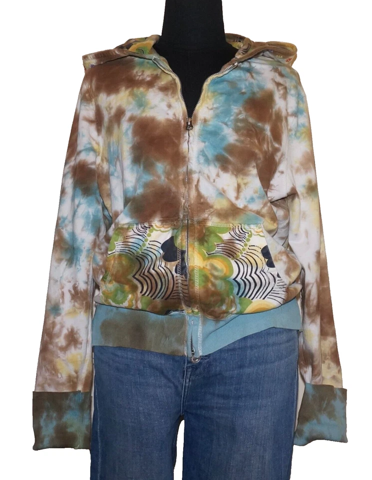 Vintage LUCKY BRAND Blue, Brown & White Tie-Dye Zip-Up Hoodie Sweatshirt LARGE - Image 1 of 4