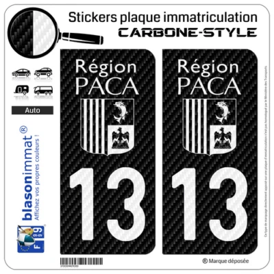 BLASONIMMAT 2 Stickers autocollants plaque d'immatriculation 13 PACA - White Carbone-Style
