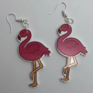 Pink Flamingo Huge Giant Large Earrings 8 Cm Long Toy J410 Fun Resin - Picture 1 of 5