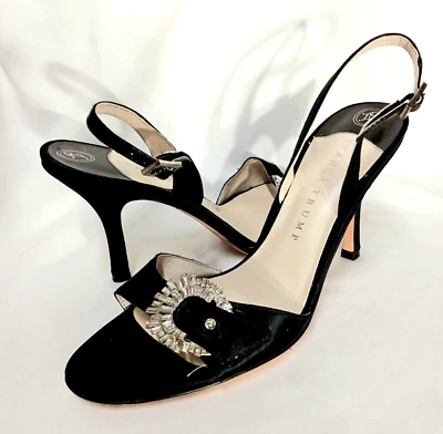 IVANKA TRUMP - SLINGBACK Size 8.5M Black Satin Upper Leather Outsole Rhinestone - Image 1 of 4