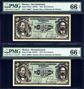 Mexico 2 Consecutive 50 Centavos 1915 P-S1042 GEM UNC PMG 66 EPQ - Picture 1 of 2