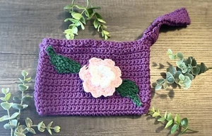 Hecho a mano ganchillo con flor rosa bolso de pulsera púrpura 100% algodón nuevo - Imagen 1 de 6