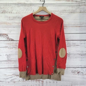 J Crew Womens M Sweater Red Side Button Viscose Wool Blend Pullover Elbow Patch - Picture 1 of 7