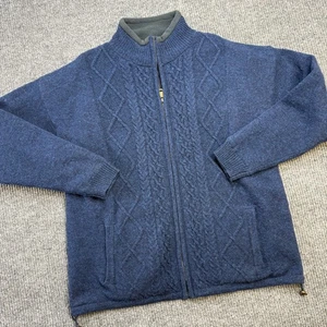 Aran Sweater Market Jacket Mens XL Blue Cable Knit Fisherman Zip Up Wool Lined - Picture 1 of 9
