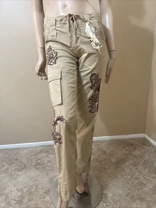 Pantalones para mujer beige algodón informales verano ajustados bordados bolsillos cremallera talla S - Imagen 1 de 22