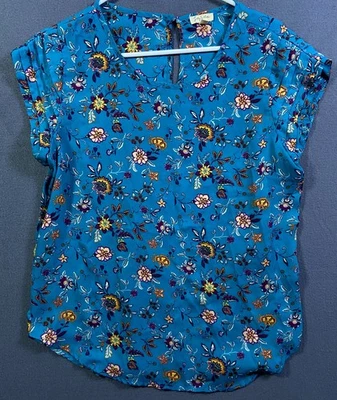 Lily White Womens Floral Short Sleeve Blouse Size Large Blue Top Semi Sheer EUC! - Image 1 of 4