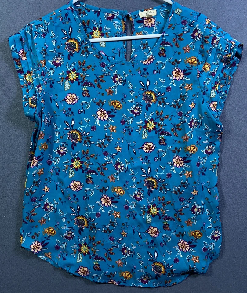 Lily White Womens Floral Short Sleeve Blouse Size Large Blue Top Semi Sheer EUC! - Image 1 of 4