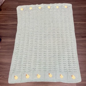 Handmade Light Blue Crocheted Baby Blanket With Ducks 34 x 35 Inches - Picture 1 of 17