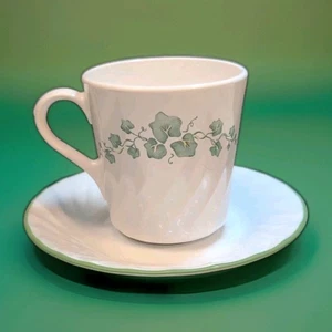 Vintage Corning Corelle Callaway Ivy Swirl Cup & Saucer Set White/Green USA made - Picture 1 of 11