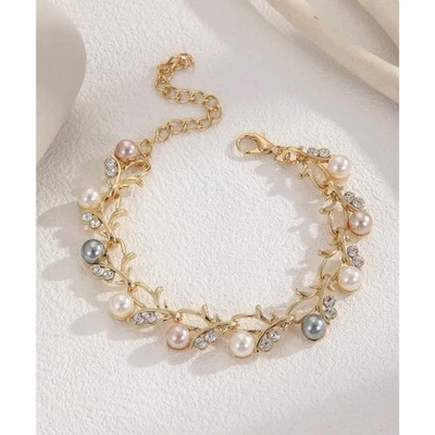 2-Tone Pearl & Rhinestone Gold Bracelet Adjustable Feminine Elegant Timeless New - Image 1 of 4
