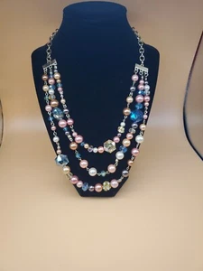 Perlenkette / Kunstperlen & Briolette Glas dreifacher Strang mehrfarbig goldfarben - Bild 1 von 5