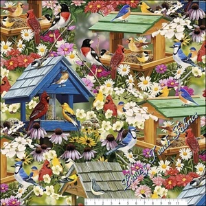 DAVID TEXTILES "SPRING AGAIN" RN52469 LARGE PRINT BIRD HOUSES FABRIC BY THE YARD - Picture 1 of 2