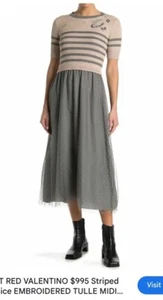 NWOT RED VALENTINO $995 Striped Bodice EMBROIDERED Gray Tulle Long DRESS XS - Picture 1 of 12