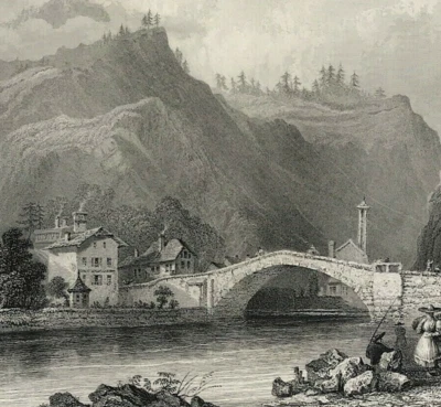 Vista de Cluse en el puente Arve Savoy WH Bartlett & R Wallis 1837 impresión antigua - Imagen 1 de 2