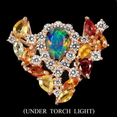 925 Anello Argento Sterling Pera Opale di Fuoco Zaffiro Naturale Gemma Misura 6 - Immagine 1 di 4