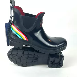 Joules Damen Wellibob Regenstiefel schwarz mit Regenbogenabsatz Größe US 6 neu mit Etikett - Bild 1 von 16