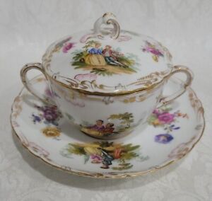 DRESDEN PORCELAIN CREAM SOUP CUP W/LID &SAUCER HP COURTING SCENE, FLOWER RARE