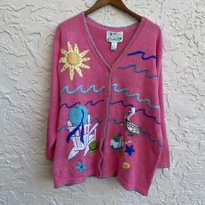 The Quacker Factory 1X Sweater Cardigan Beach Sea Shell Ocean Hat Embroidered - Picture 1 of 6