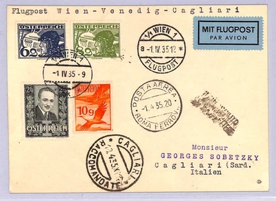 AUSTRIA Air Mail 1935 Card FIRST FLIGHT ITALY Cagliari *Venice* {Joffe}WT146 - Image 1 of 4